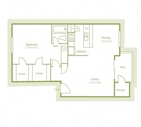 2D photo of A3 floor plan with 1 bed and 1 bath, 725 sqft, at Westdale Parke Apartments in Austin, TX