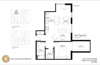 A floor plan for Unit Type 24 at Carmina-Wood Morris shows a layout with a living room, dining room, kitchen, and two bathrooms.