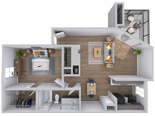 One bedroom 1 bath floorplan with balcony at Skyline at Barton Creek Apartments, Austin, TX