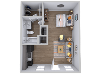 Studio floorplan with walk-in closet at Skyline at Barton Creek Apartments, Austin, TX