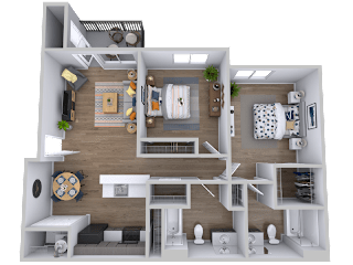 Two bed two bathroom floorplan with walk-in closet at Radius at the Domain Apartments, Austin, TX