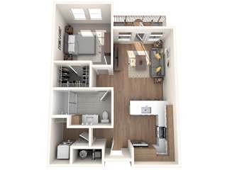 A 3D floor plan of a small apartment with a kitchen, living room, and bathroom.