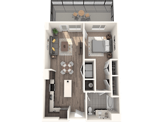 A top-down view of a house layout with a living room, kitchen, and bathroom.