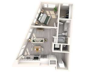 A top down view of a small apartment with a kitchen, living room, and bedroom.