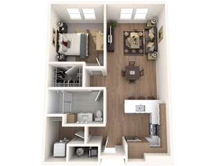 A top-down view of a small apartment with a kitchen, living room, and bathroom.