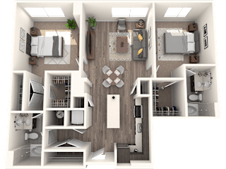 A top-down view of a house layout with a central hallway and rooms surrounding it.