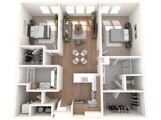 A top-down view of a modern apartment layout with a kitchen, living room, and bedrooms.