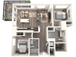 A top-down view of a house layout with a kitchen, living room, dining area, and bathrooms.