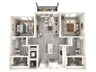 A 3D floor plan of a house showing the layout of the rooms.