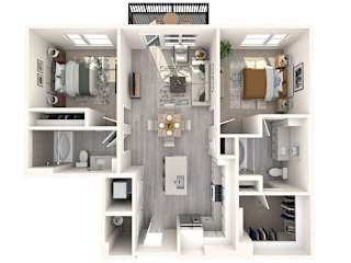 A 3D floor plan of a small apartment with a kitchen, living room, and bathroom.