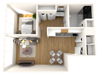 A 3D rendered image of a modern apartment layout.