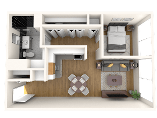 A 3D rendered image of a modern bedroom with a bed, desk, and a chair.