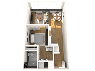 A 3D floor plan of a small apartment with a kitchen, living room, and bathroom.