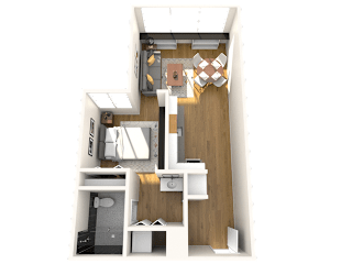 A 3D rendered image of a small apartment layout.