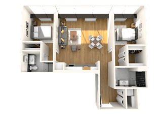 A 3D floor plan of a small apartment with a kitchen, living room, and bedroom.