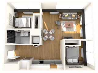 A 3D rendered image of a small apartment layout.
