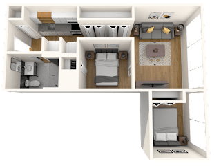 A 3D floor plan of a small apartment with a bedroom, living room, and kitchen.