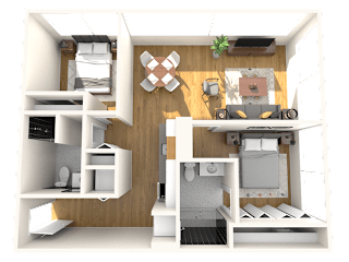 A 3D rendered image of a small apartment layout.