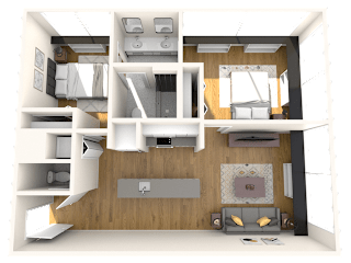 A 3D rendered image of a modern apartment layout.