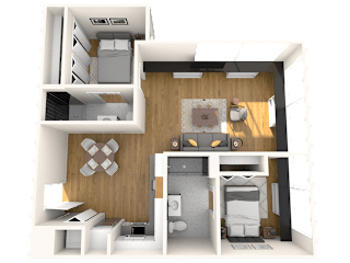 A 3D rendered image of a small apartment layout.