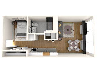 A 3D rendered image of a small apartment with a bed, desk, and shelves.