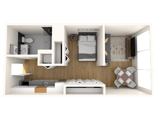 A 3D rendered image of a small, modern bedroom with a bed, nightstand, and shelves.
