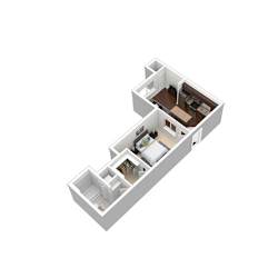 A 3D image of a house layout with a kitchen, living room, and two bedrooms.