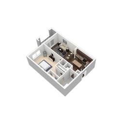 A 3D floor plan of a small apartment with a kitchen, living room, and bedroom.