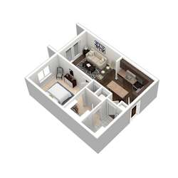 A 3D image of a house layout with a kitchen, living room, and two bedrooms.