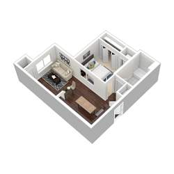 A 3D image of a house layout with a living room, kitchen, and two bedrooms.