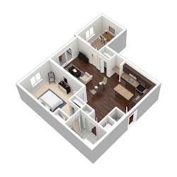 A 3D floor plan of a house with multiple rooms.