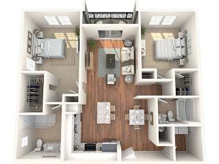 A 3D floor plan of a house showing a kitchen, living room, and two bedrooms.