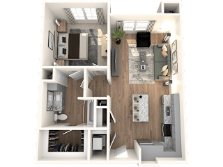 A 3D rendered image of a modern apartment layout.