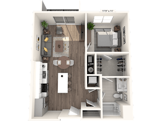 A 113x111 floor plan of a house with a living room, kitchen, and two bedrooms.