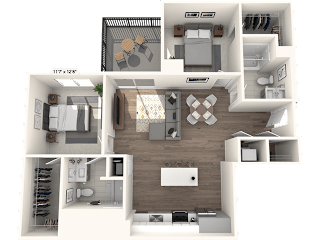 A 3D floor plan of a small apartment with a kitchen, living room, and bedroom.