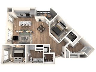 A 3D floor plan of a house with various rooms and furniture.