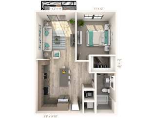 A floor plan of a small apartment with a kitchen, living room, and two bedrooms.
