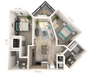 A 3D floor plan of a house with a living room, kitchen, and two bedrooms.