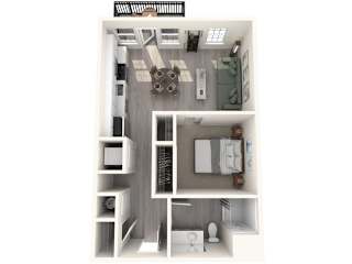 A drawing of a small apartment with a kitchen, living room, and bathroom.