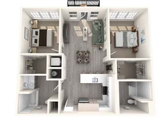 A 3D rendering of a small, efficient apartment layout.