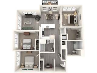 A 3D floor plan of a small apartment with a kitchen, living room, and bathroom.