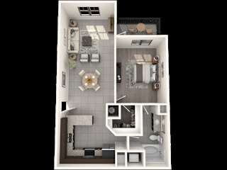 A 3D floor plan of a house with a kitchen, living room, dining room, and bathroom.