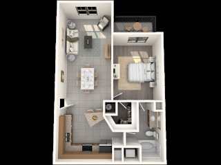 A top-down view of a small apartment with a kitchen, living room, and bathroom.