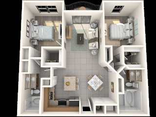 A 3D model of a small apartment with a kitchen, living room, and bathroom.