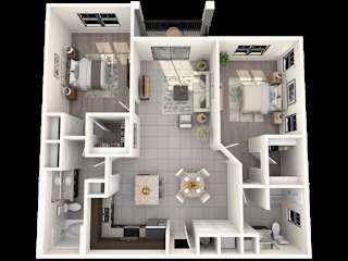 A 3D rendered image of a modern apartment layout.