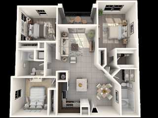 A 3D floor plan of a small apartment with a kitchen, living room, and bathroom.
