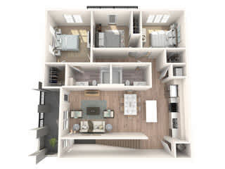 A 3D floor plan of a house with a kitchen, living room, and two bedrooms.