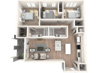 A 3D floor plan of a house with a kitchen, living room, and two bedrooms.