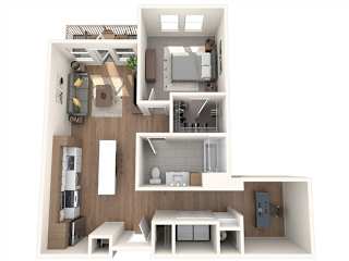 A 3D image of a house layout with a kitchen, living room, and bathroom.