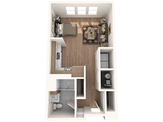 A top-down view of a small apartment with a kitchen, living room, and bathroom.